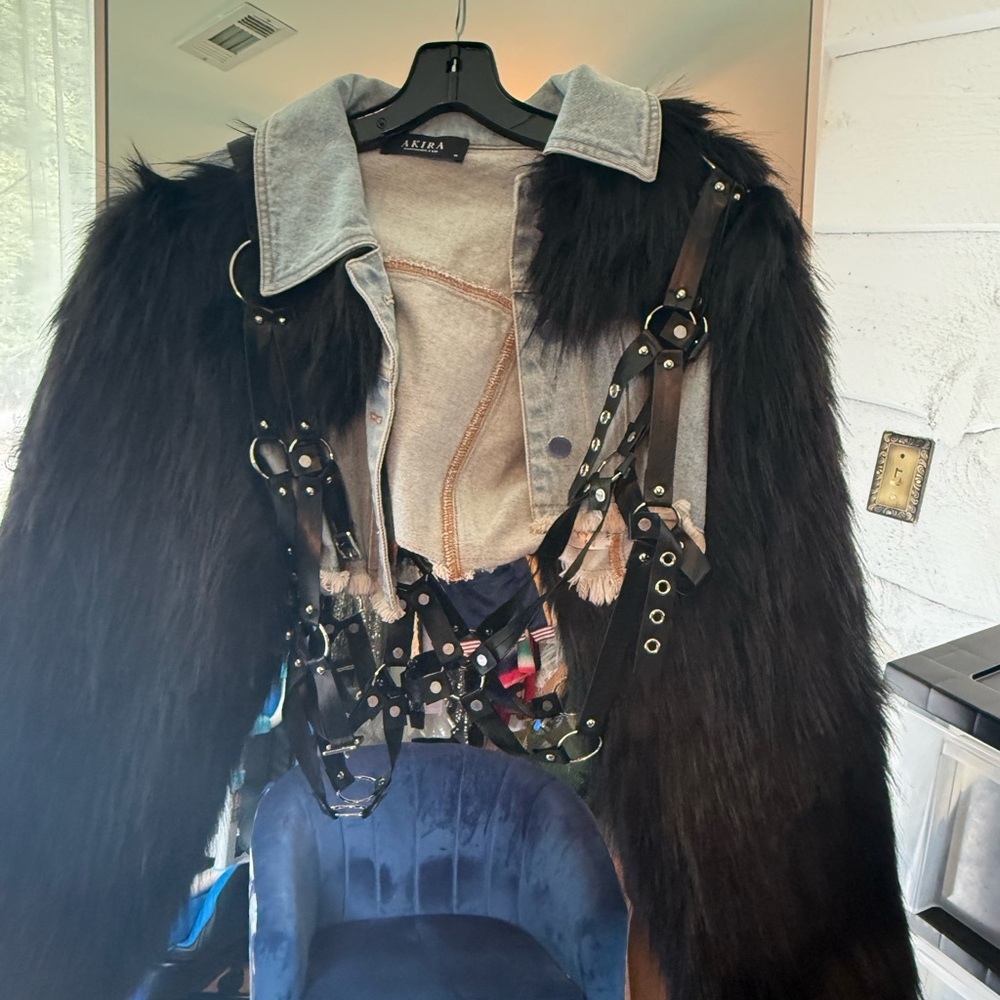 AKIRA Black Faux Fur Jacket with Denim Accents